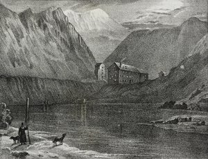 Ansicht des Großen Sankt Bernhard Hospizes vom See, Italien-Schweiz Grenze, Lithographie von Salvatore Puglia