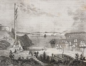 Ansicht der Bucht von New York von der Telegraphenstation, Vereinigte Staaten von Amerika, Lithographie von Salvatore Puglia aus Poliorama Pittoresco, Nr. 6, 14. September