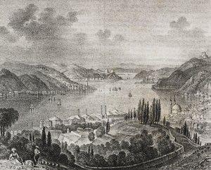 Ansicht der Dardanellenstraße, Lithographie von Salvatore Puglia aus Poliorama Pittoresco, Nr. 20, 23. Dezember