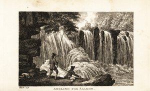 Fischer angelt nach Lachs am Ufer eines Flusses nahe einem Wasserfall