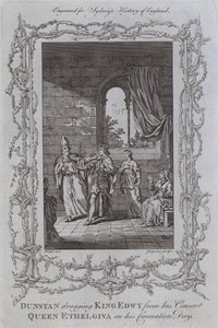 Dunstan zieht König Edwy von seiner Gemahlin, Königin Ethelgiva, an seinem Krönungstag weg (Stich)
