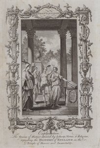 Der Genius der Geschichte begleitet von Freiheit, Tugend und Religion, die die Geschichte Englands im Tempel der Ehre und Unsterblichkeit ablegen (Gravur)