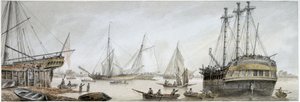 Ein Indiaman-Schiff zur Reparatur auf der Themse, mit einer Beschreibung der gewöhnlichen Aktivitäten der königlichen Werften in Deptford von Samuel Atkins
