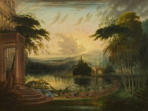 Eine romantische Landschaft mit der Ankunft der Königin von Saba