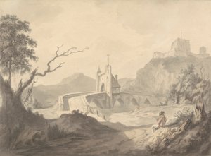 Flusslandschaft und Brücke mit Künstler im Vordergrund