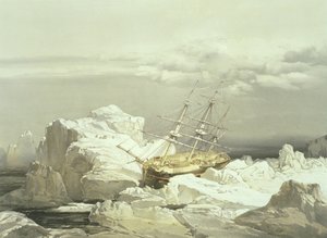 Kritische Position der H.M.S. Investigator an der Nordküste von Baring Island, 20. August 1851, graviert von William Simpson, veröffentlicht von Ackermann und Co., 1854 von Samuel Gurney Cresswell
