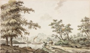 Ein Fluss mit Segelbooten und einem Pferd und Wagen