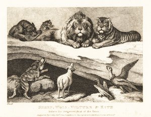 Ein Gerichtsverfahren zwischen Tieren, mit Löwe und Tiger als Richter. 1811 (Radierung) von Samuel Howitt