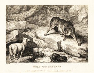 Ein Wolf versucht, das Töten eines Lamms in der Nähe eines Flusses zu rechtfertigen. 1811