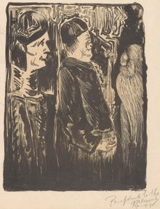 Fantasie: links zwei Figuren mit Mützen nach rechts, rechts eine eingekratzte Erscheinung mit Federkleid von Samuel Jessurun de Mesquita