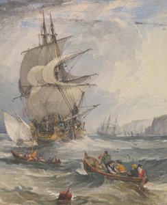 Segelschiffe und kleine Boote in rauer See vor der Küste