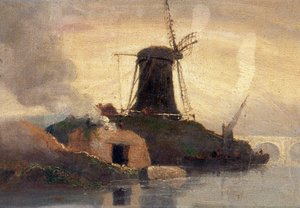 Windmühle und Ziegelofen am Flussufer von Samuel Owen