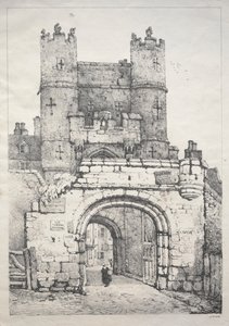 Eine Reihe alter Gebäude und ländlicher Hütten im Norden Englands: In York, mittelalterliches Tor von Samuel Prout
