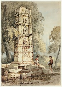 Zwei Figuren neben mittelalterlichen Ruinen, mit Kirche in der Ferne von Samuel Prout