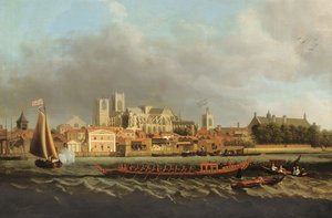 Ansicht von Westminster von Lambeth mit einer königlichen Barke im Vordergrund