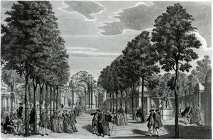 Die Triumphbögen, Händels Statue im Südgang der Vauxhall Gardens, graviert von John S. Muller von Samuel Wale