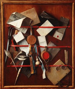 Vorgetäuschtes Briefregal mit Schreibutensilien, ca. 1655