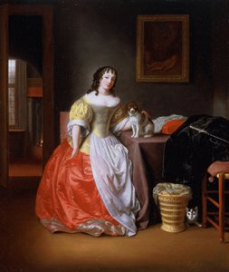 Dame in einem gelben und roten Kleid