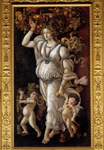 Herbst oder Allegorie gegen Alkoholmissbrauch. Eine junge Frau trägt auf ihrem Kopf einen Korb voller Früchte, der Überfluss darstellt, und zieht zwei betrunkene kleine Kinder (Bacchus) an der Hand von Sandro Botticelli