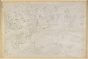 Die Göttliche Komödie, Inferno XVII. Vergil und Dante im siebten Kreis der Hölle, 3. Streifen: Gewalttäter gegen die göttliche Ordnung in der Flammenwüste, Bestrafung der Wucherer; Abschwung in die Tiefe auf dem Rücken Geryons von Sandro Botticelli