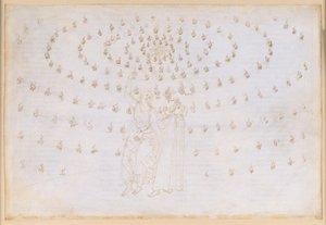 Die Göttliche Komödie, Paradiso XXV. Achte Sphäre (Fixsternhimmel): Jakobus prüft Dante in der zweiten theologischen Tugend, der Hoffnung; Erscheinung Johannes des Evangelisten und seine Rede über die Verfassung der Wesen im Paradies; Blendung Dantes von Sandro Botticelli