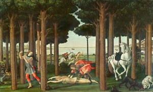 Die Ausweidung der verfolgten Frau: Szene II der Geschichte von Nastagio degli Onesti, um 1483