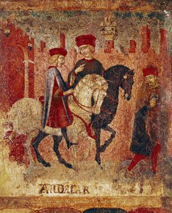 Detail Steuerinspektoren. Holzmalerei von Sano di Pietro (1406-1481), die eine Biccherna (Umschlag des Rechnungsregisters der Stadt Siena) dekoriert. 15. Jahrhundert. Siena, Staatsarchiv, Italien. von Sano di also Ansano di Pietro di Mencio Pietro