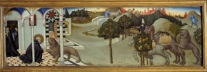 Szene aus dem Leben des heiligen Hieronymus: (Detail) Der heilige Hieronymus entfernt einen Dorn aus der Löwenpfote; der Löwe verfolgt die Diebe, die den Esel aus dem Kloster gestohlen hatten und bringt eine Karawane von Kamelen mit Waren zurück von Sano di also Ansano di Pietro di Mencio Pietro