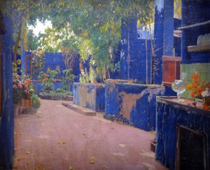 Der blaue Patio - (El patio azul, Sitges) - Gemälde von Santiago Rusinol y Prats (1861-1931) 1913. Barcelona (Barcelona) Nationales Kunstmuseum von Katalonien