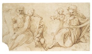 Zwei Propheten mit Schriftrollen, sitzend mit Putti, die Tafeln halten