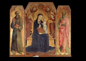 Die Jungfrau und das Kind, umgeben von sechs Engeln. Umgeben von: Heiliger Antonius von Padua und Heiliger Johannes der Evangelist. Altarbild von Stefano di Giovanni Sassetta von Sassetta (c.1392 1450)