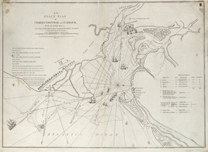Genauer Plan der Charles Town Bar und des Hafens, aus einer tatsächlichen Vermessung mit dem Angriff auf Fort Sullivan am 28. Juni 1776 durch das Geschwader Seiner Majestät unter dem Kommando von Sir Peter Parker