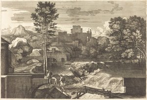 Landschaft mit zwei Figuren auf einer Brücke