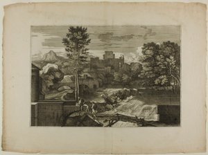 Wasserfall an einer Steinbrücke, mit Schloss in der Ferne von Sébastien Bourdon