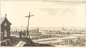 Landschaft mit Kirche und Stadt in der Ferne