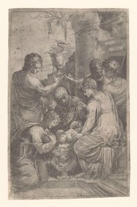 Christus in der Krippe mit Heiligen