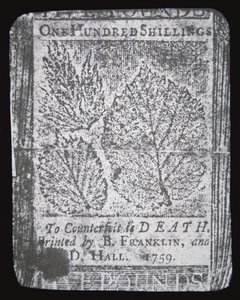Eine 100-Schilling-Note, entworfen und gedruckt von Benjamin Franklin im Jahr 1759