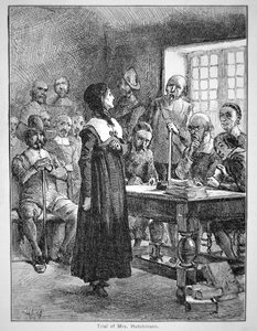 Anne Hutchinson vor Gericht wegen Beleidigung des puritanischen Klerus in Massachusetts (Lithographie)