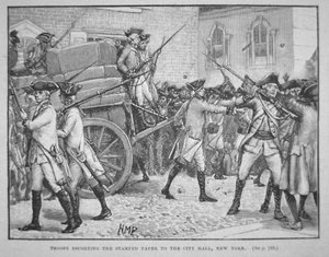 Britische Truppen eskortieren das gestempelte Papier zum Rathaus von New York von School American