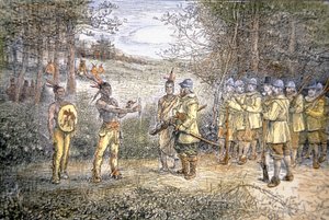 Kapitän Miles Standish handelt mit Wampanoag-Indianern im Jahr 1621 von School American