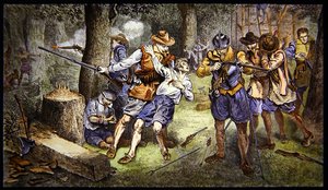 Verteidigung der Siedlung gegen einen Indianerangriff in der Kolonie Jamestown, Virginia im Jahr 1607
