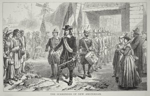 Gouverneur Peter Stuyvesant übergibt Neu-Amsterdam 1664 an die Briten von School American