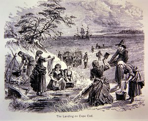 Die Pilgerväter landen 1620 in Amerika - Die Landung am Cape Cod zeigt Frauen bei der Arbeit