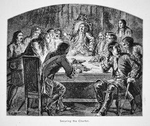 Sir Edmund Andros fordert 1687 die Übergabe der Charta von Connecticut, um das Dominion of New England zu etablieren von School American