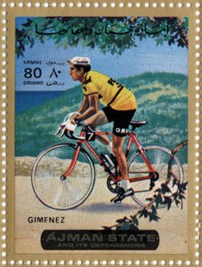 VAE-Briefmarke, die den Radfahrer Julio Jimenez (geb. 1934) darstellt von School Arabic