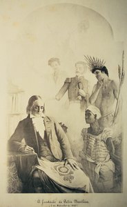 Gründer des brasilianischen Landes, 7. September 1822 - Eine Allegorie, die die drei Rassen darstellt: den afrikanischen Sklaven, den Portugiesen und den einheimischen Indianer mit Jose Bonifacio (1763-1838) und Pedro I. (1793-1834) von School Brazilian