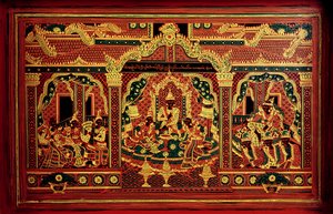 Detail einer Manuskripttruhe aus Myanmar (lackiertes Holz) von School Burmese