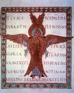 Darstellung eines Miniatur-Seraphins aus dem karolingischen Manuskript „Sacramentaire de Drogon“, bestimmt für Drogon, Sohn von Karl dem Großen. 9. Jahrhundert Paris, B.N. von School Carolingian