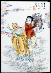 Allegorie des Frühlings Eine Frau hält einen Korb mit Blumen und ein alter Mann geht im Sprühregen. Gemälde auf anonymer Porzellan, China