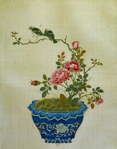 Kunst China: Malerei auf Seide, Blumen und Vögel. Anonym